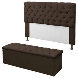Kit Cabeceira + Calçadeira Baú Mirage Casal 140cm:Marrom - 1