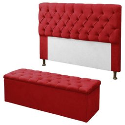 Kit Cabeceira + Calçadeira Baú Mirage Casal 140cm:Vermelho - 1