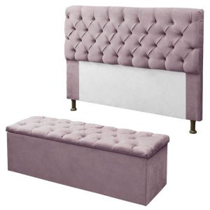 Kit Cabeceira + Calçadeira Baú Mirage Casal 140cm:Rosa