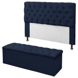 Kit Cabeceira + Calçadeira Baú Mirage Casal 140cm:Azul Marinho - 1