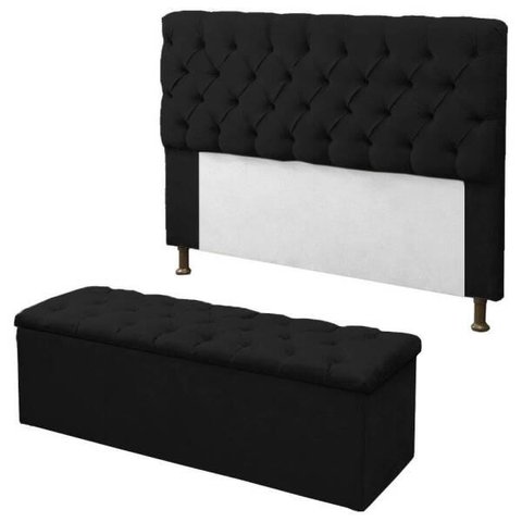 Kit Cabeceira + Calçadeira Baú Mirage King 195cm:Preto