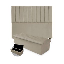 Kit Cabeceira + Calçadeira Baú Cancun King Size 195cm Suede - Renascer Decor:Bege - 1