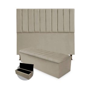Kit Cabeceira + Calçadeira Baú Cancun Queen Size 160cm Suede - Renascer Decor:Bege