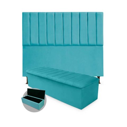 Kit Cabeceira + Calçadeira Baú Cancun Solteiro 100cm Suede - Renascer Decor:Azul Turquesa