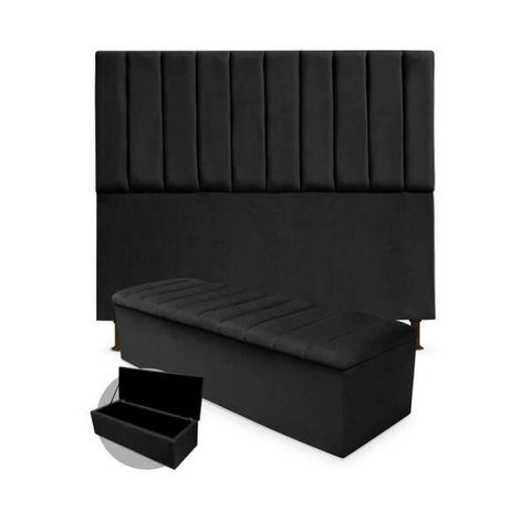Kit Cabeceira + Calçadeira Baú Cancun Solteiro 90cm Suede - Renascer Decor:Preta