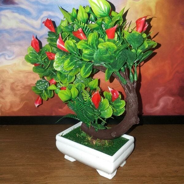 Bonsai Artificial Etéreo Iris Copo Vermelho Vaso Branco - 6