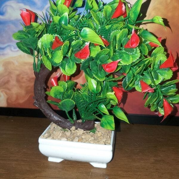Bonsai Artificial Etéreo Iris Copo Vermelho Vaso Branco - 3