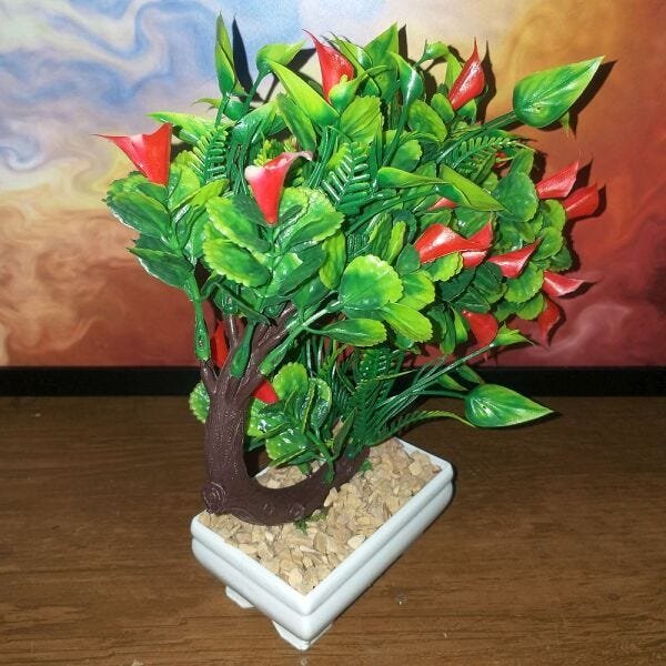 Bonsai Artificial Etéreo Iris Copo Vermelho Vaso Branco - 5