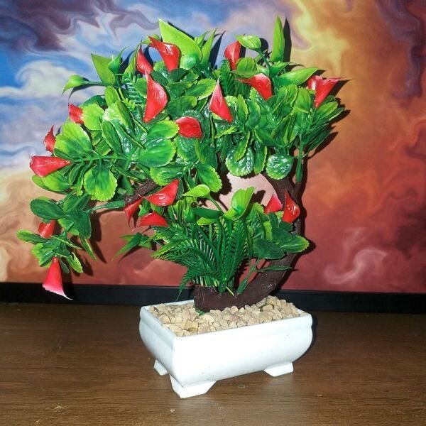 Bonsai Artificial Etéreo Iris Copo Vermelho Vaso Branco - 2