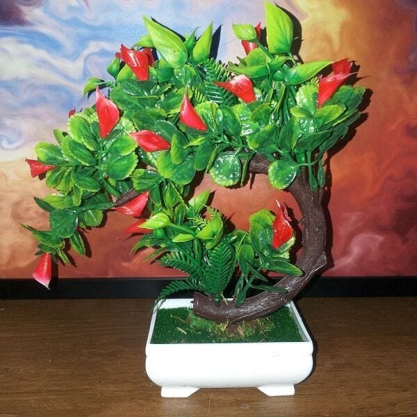Bonsai Artificial Etéreo Iris Copo Vermelho Vaso Branco - 1