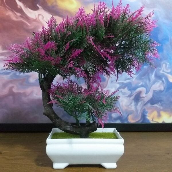Bonsai Artificial Etéreo Iris Renda Lilás Vaso Branco - 1