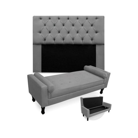 Kit Cabeceira Mirage + Calçadeira Báu Felix Queen Size 160cm Suede - Renascer Decor - Cinza