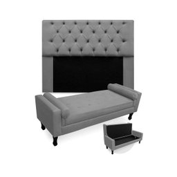 Kit Cabeceira Mirage + Calçadeira Baú Felix Casal 140cm Suede - Renascer Decor - Cinza - 1