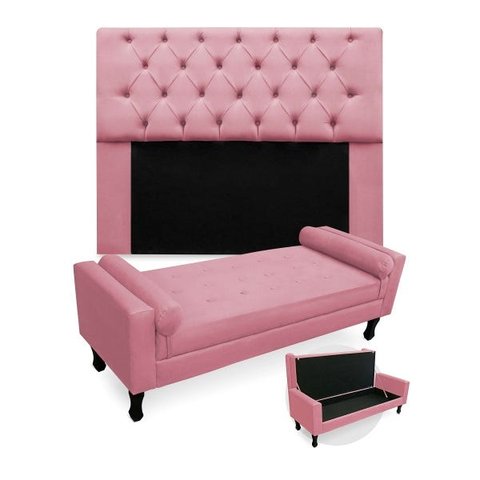 Kit Cabeceira Mirage + Calçadeira Baú Felix Casal 140cm Suede - Renascer Decor - Rosa