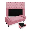Ver imagem 1 de Kit Cabeceira Mirage + Calçadeira Baú Felix Casal 140cm Suede - Renascer Decor - Rosa