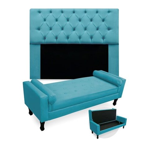 Kit Cabeceira Mirage + Calçadeira Baú Felix Solteiro 120cm Suede - Renascer Decor - Azul Turquesa