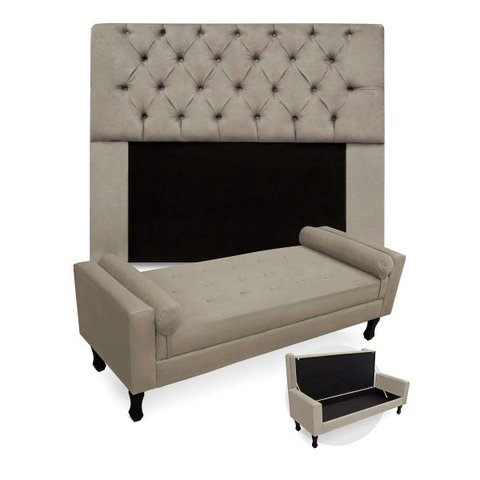 Kit Cabeceira Mirage + Calçadeira Baú Felix Solteiro 100cm Suede - Renascer Decor - Bege