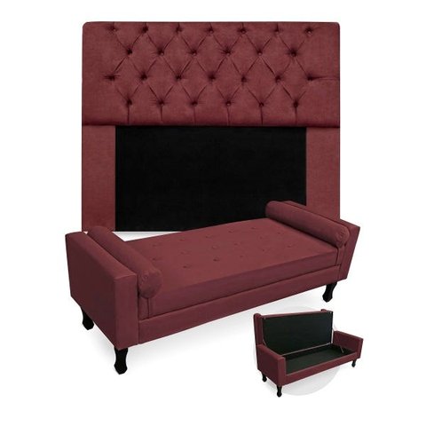 Kit Cabeceira Mirage + Calçadeira Baú Felix Solteiro 100cm Suede - Renascer Decor - Bordo
