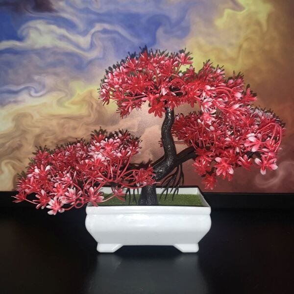 Bonsai Artificial Etéreo Century Vermelho no Vaso Branco - 1