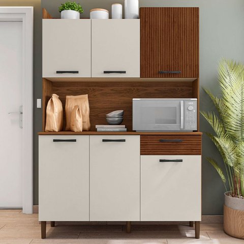 Armário de Cozinha com Balcão Cler 6 Portas 1 Gaveta Ripado 3d Nogueira/off White - Pnr Móveis