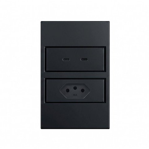 Tomada Dupla USB-C 2,1A e Tomada Stella S.Touch 10A 4x2 Preta Preto