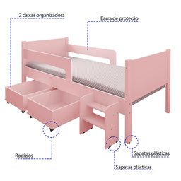 Cama Solteiro com 2 Baus Organizador e Escada Luna Plus Rosa - 2