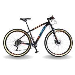 BICICLETA 29 PUMABIKE LINCE 9V STEEZ, FREIO HID, K7, SUSP TRAVA GUIDÃO, PRETO COM LARANJA E AZUL, 21 - 1