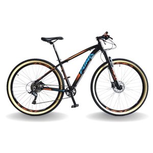 BICICLETA 29 PUMABIKE LINCE 9V STEEZ, FREIO HID, K7, SUSP TRAVA GUIDÃO, PRETO COM LARANJA E AZUL, 21