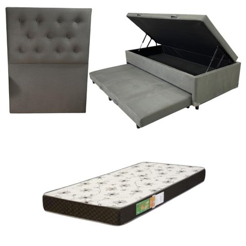 Cama Box Baú Solteiro com Auxiliar (bicama) + Colchão Solteiro Espuma D20 12cm | Kit Completo com Ca