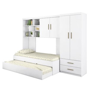 Quarto Infantil Juvenil Gold Cama + Guarda-Roupa Roupeiro + Armário Aéreo Branco