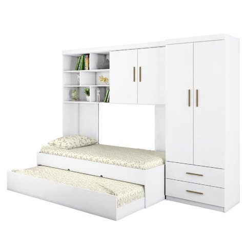 Quarto Infantil Juvenil Gold Cama + Guarda-Roupa Roupeiro + Armário Aéreo Branco