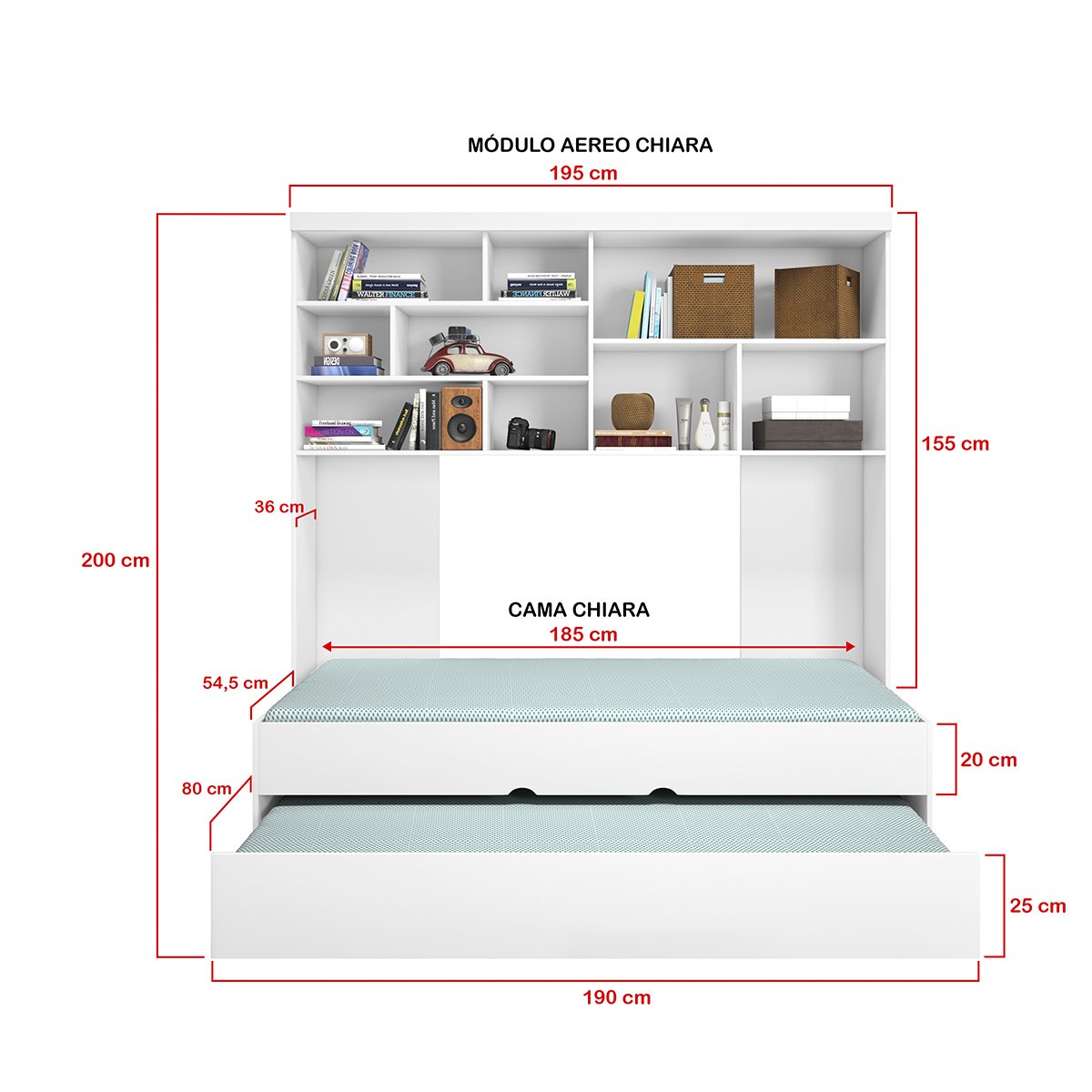 Quarto Infantil Juvenil Gold Cama + Guarda-Roupa Roupeiro + Armário Aéreo Branco - 2