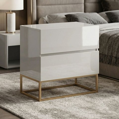 Mesa de Cabeceira Eros 45cm 2 Gavetas Estilo Industrial Off White com Pés Dourado