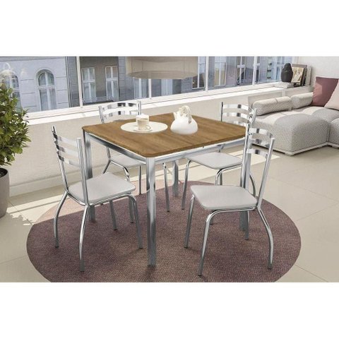 Conjunto Mesa de Cozinha Reno com Tampo de Madeira 90cm e 4 Cadeiras Portugal Cromada Branco 106