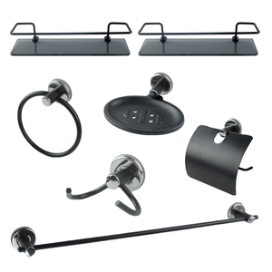 Kit Acessório para Banheiro Aço Inox 5 Peças + 2 Porta Shampoo Vidro Retangular Preto Fosco Cód. 994