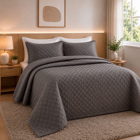 Colcha Matelassê - Casal - Madri 3D - Geométrico - Chumbo - Dupla Face - c/ Porta Travesseiros - Roz