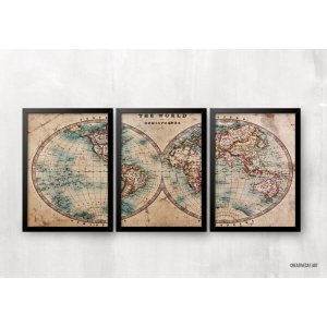 Kit 3 Quadros para casa - Mapa mundi