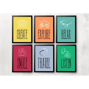 Kit com 6 Quadros Decorativos Travel, Smile, Explore, Create