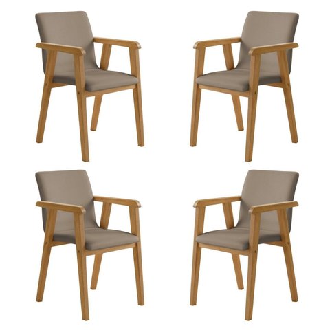 Kit 4 Cadeiras com Braço para Sala de Jantar Pés Madeira Maciça Flora Bege/Cinamomo/Veludo