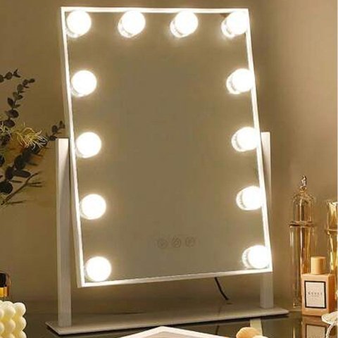 Espelho Camarim Grande 12 Lampadas LED 3 Tons Bilho Ajustavel Base Antiderrapante Rotaçao 360 Graus 