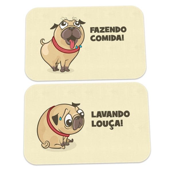 Kit Tapetes de Cozinha Cãozinho Pug "Comida Vs Louça" - 1