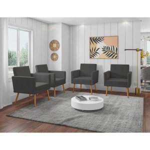 Kit 4 Poltronas Decorativas Escritório Sala Recepção Larah Suede Cinza