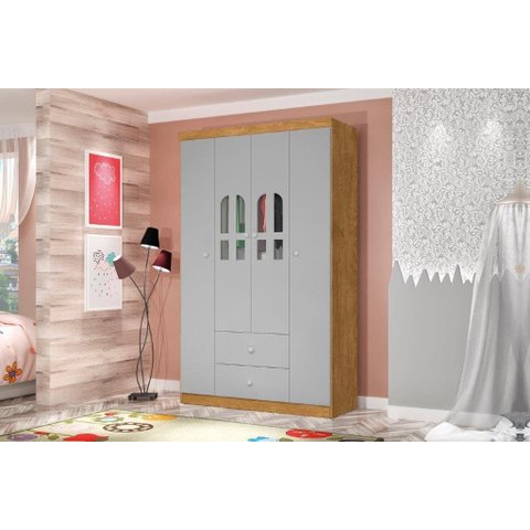 Roupeiro / Armário CAT Modelo Infantil 4 Portas Com Detalhes em Acrílico + 2 Gavetas Com Pintura UV 