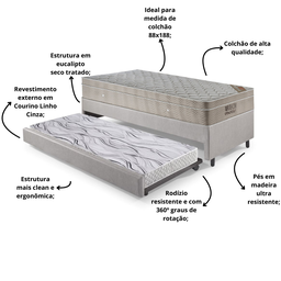 Bicama Box Solteiro Corino Linho 88x188x28 cm com Colchão Airtech Ortobom Molas Ensacadas - 4