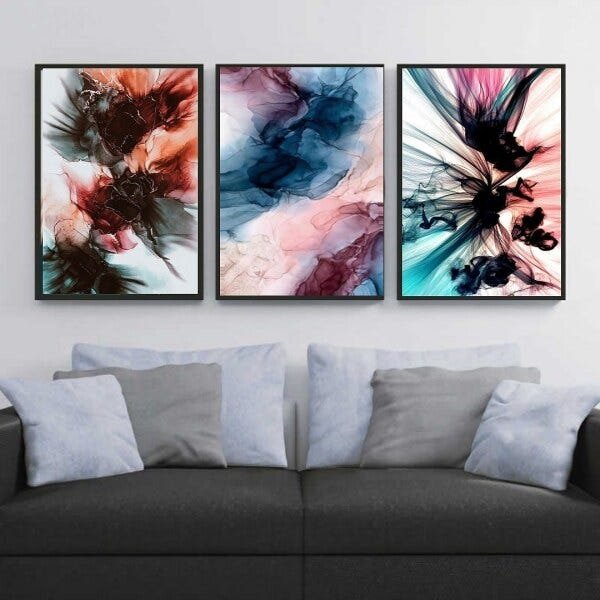 Trio de quadros para quarto, sala ou escritório com moldura preta e vidro - 1