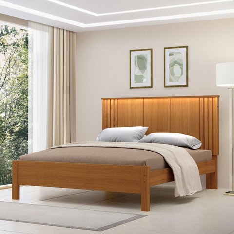 Cama de Casal 100% MDF com LED 123cm x 175cm Duo Marrom/Freijó