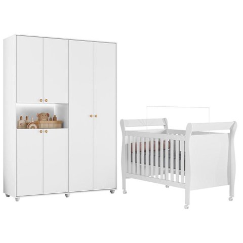Berço Americano Slim com Guarda Roupa Infantil Vittoria Branco- Móveis Albatroz