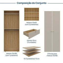 Guarda-Roupa 2 Módulos 2 Portas 3 Prateleiras 3 Gavetas Frame CabeCasa MadeiraMadeira - 4