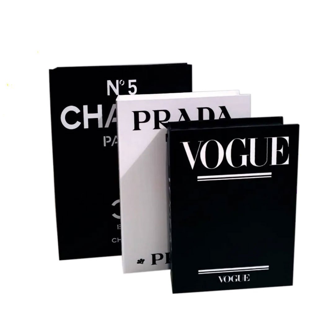 Kit 3 Caixa Livro Porta Objeto Decorativa Vogue Chanel Prada