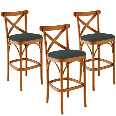 Kit 03 Banquetas Altas Cozinha Bancada Bar Sala Jantar Estofada Ávila L02 Suede Verde Musgo - Lyam L